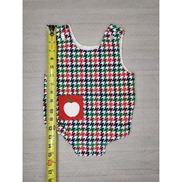 Vintage Bubble Romper Houndstooth Plaid Apple Applique Red Green Blue Boy Girl - Picture 3 of 7